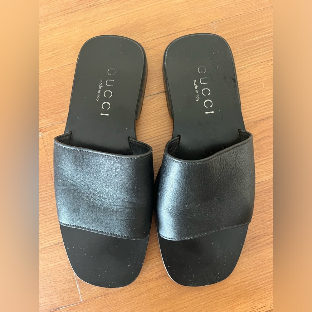 Gucci Black Leather Slide Sandals